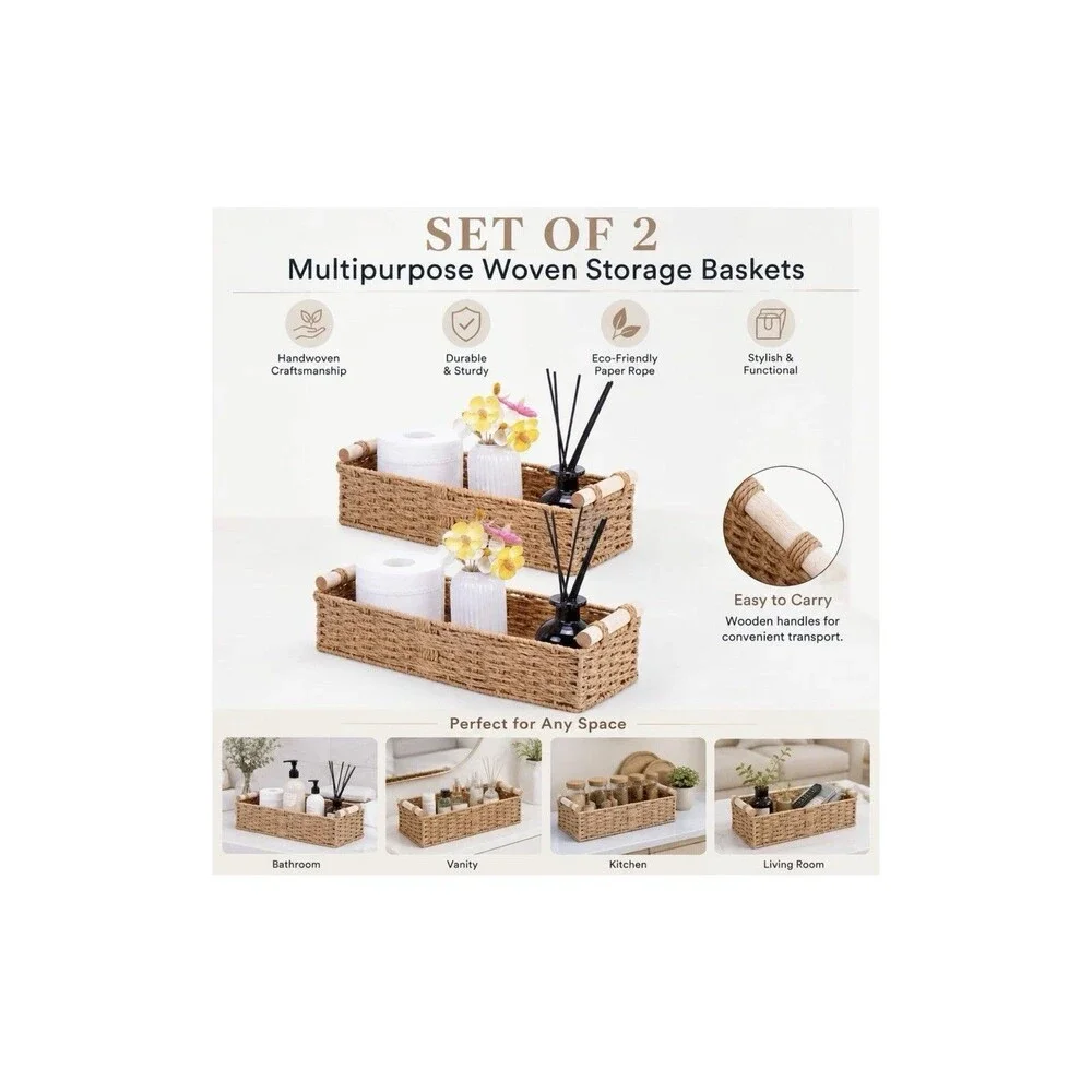 Farmhouse Toilet Paper Baskets 2 Pack Beige Woven Wood Handles Bathroom